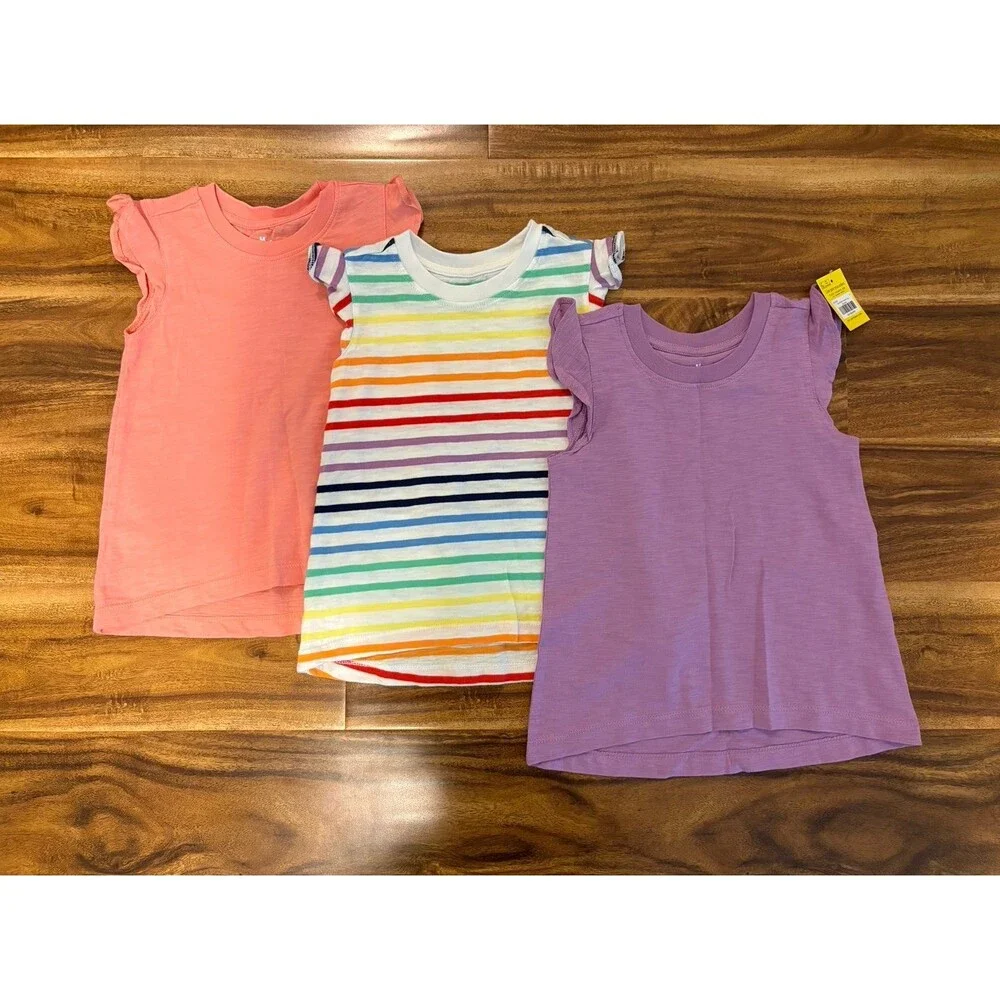 Three Primary Flutter Sleeve Tops, Lavender, Guava & Rainbow Stripe, Size 3T